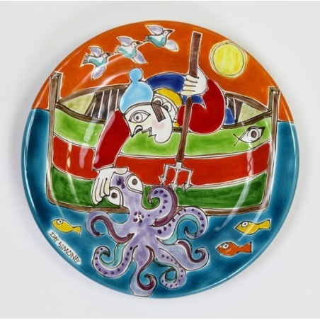 Sicilian handmade ceramic circular Plate DS de simone pottery octopus fishing 18 cm PT18DS-04