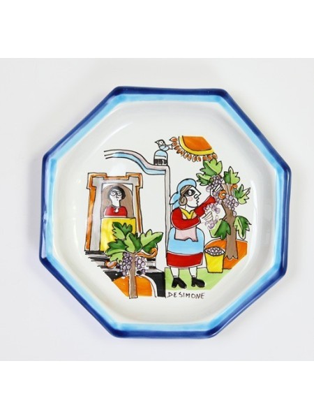 Octagonal Plate Folk POTFK-1 Grape harvesting de simone pottery