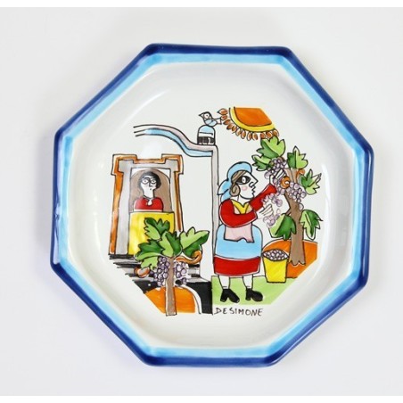 Piatto Ottagonale Folk POTFK-1 Raccolta dell'uva ceramiche de simone