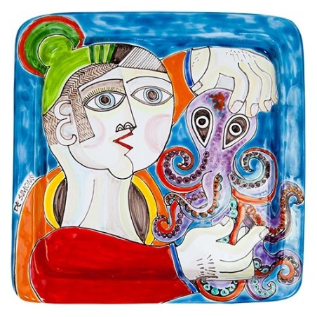 Handmade Sicilian Ceramic Squared Plate DS Octopus PQ28DS-3