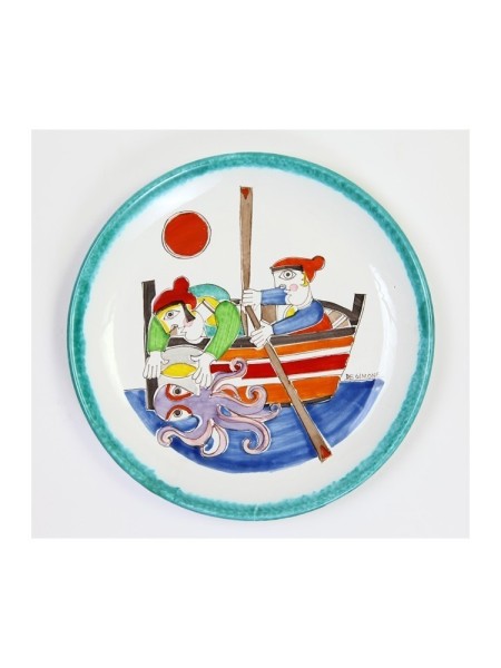 Handmade sicilian ceramic Round Plate Folk Fishermen octopus PT30FK-03