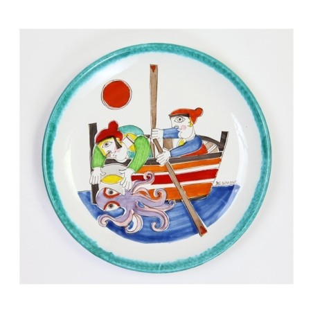 Piatto Tondo ceramica siciliana artigianale pescatori polpo Folk PT30FK-03