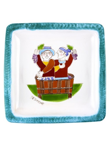Sicilian handmade ceramic Square Plate grape harvest de simone pottery Folk PQFK-1