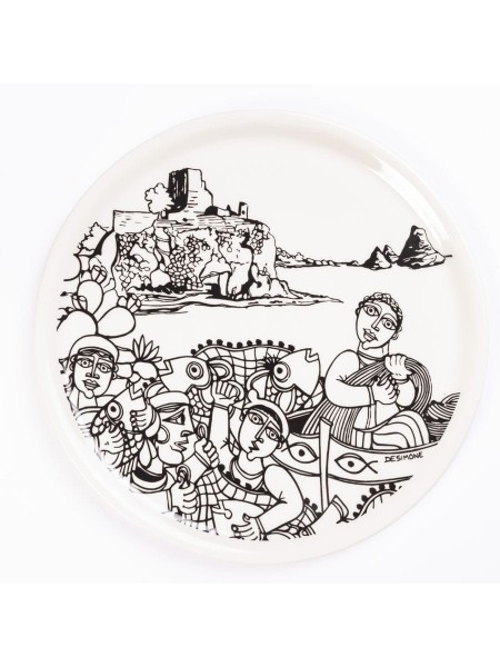 porcelain rounded plate de simone pottery white black aci castello
