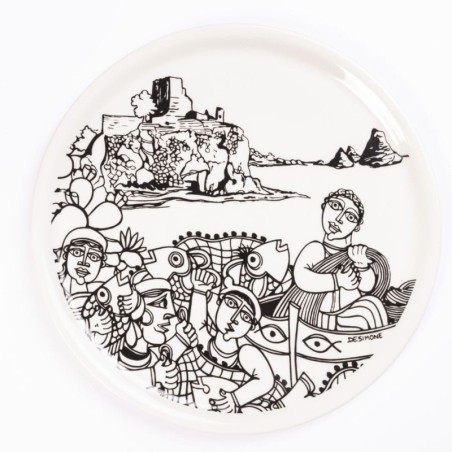 porcelain rounded plate de simone pottery white black aci castello