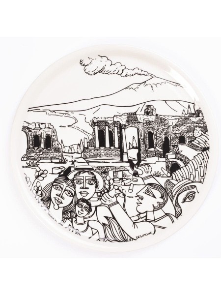 porcelain rounded plate de simone pottery white black Taormina