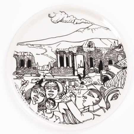 Piatto Pizza Tondo Bianco e Nero Taormina ceramiche de simone