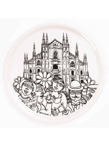 porcelain rounded plate de simone pottery white black Milano