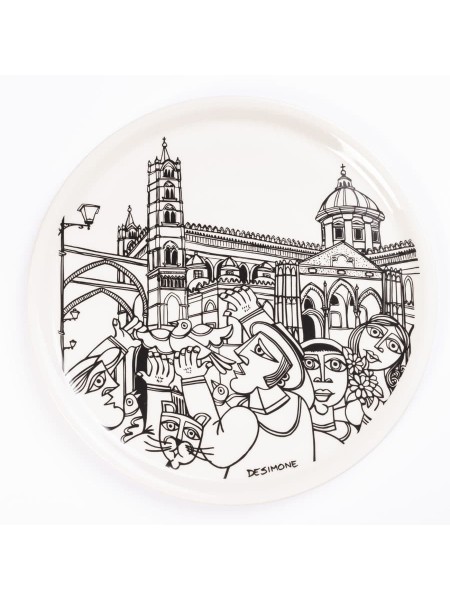 porcelain rounded plate de simone pottery white black Palermo