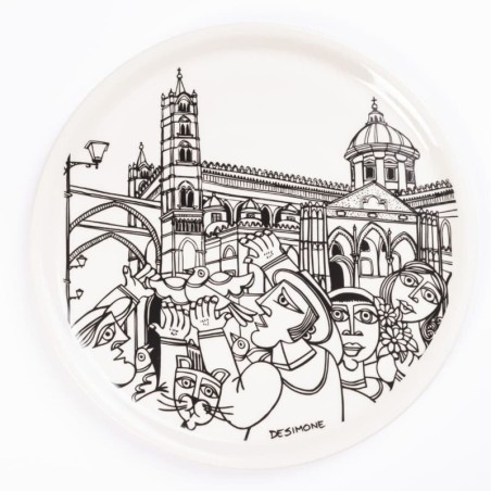 porcelain rounded plate de simone pottery white black Palermo