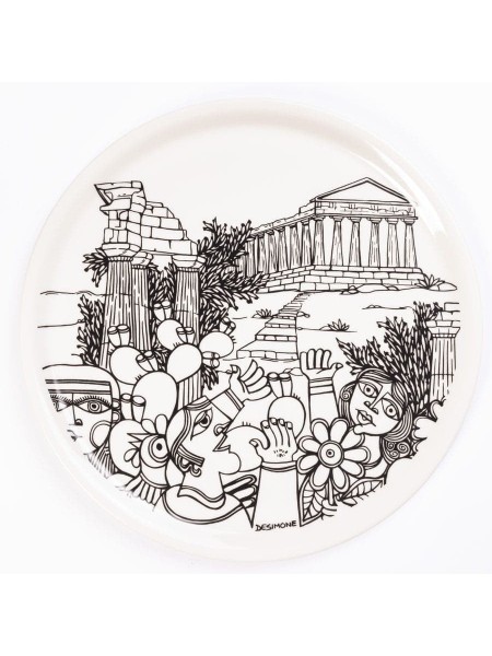 porcelain rounded plate de simone pottery white black Agrigento