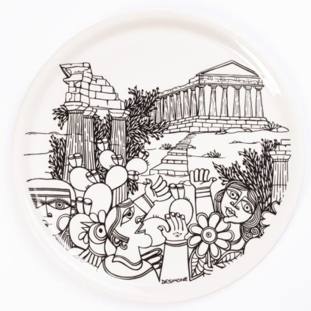 porcelain rounded plate de simone pottery white black Agrigento