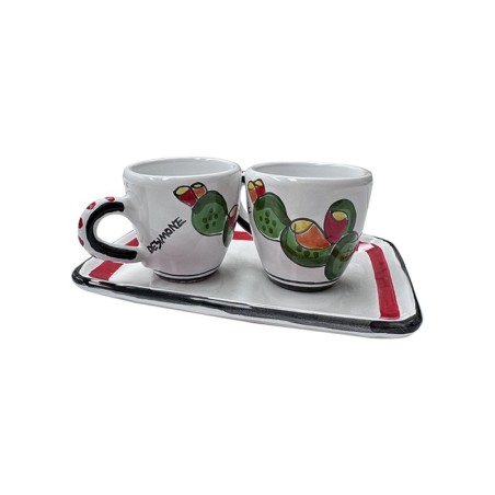 Coffee Cups with Tray Set Folk Pricly Pear De simone pottery