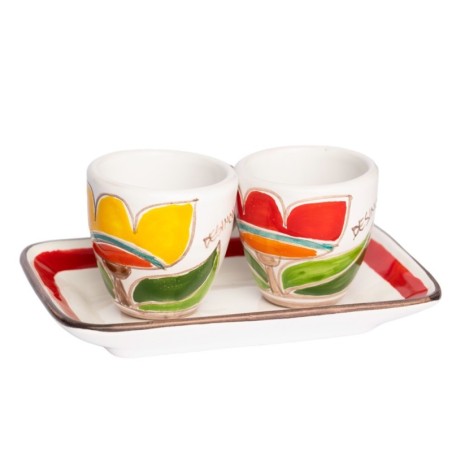 Handmade Sicilian Ceramic Coffee Cups with Tray Set Tulips Folk De Simone Pottery