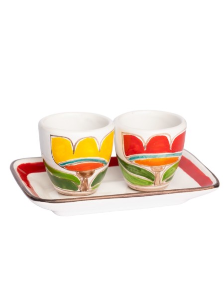 Handmade Sicilian Coffee Cups with Tray Set Tulips Folk De Simone Pottery