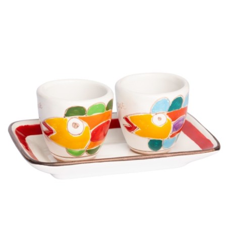Handmade Sicilian Ceramic Coffee Cups with Tray Set Fish Folk De Simone Pottery