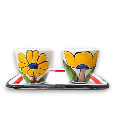 Handmade Ceramic Coffee Cups with Tray Set Daisy Tulip desimone pottery