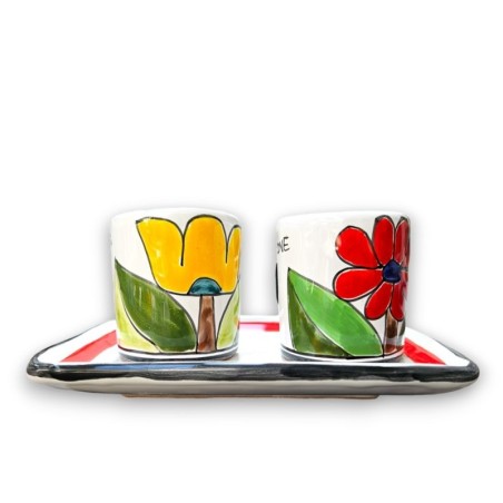 Sicilian Handmade Ceramic Coffee Cups with Tray Set Daisy Tulip desimone pottery