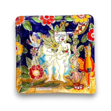 Piatto Quadrato artigianale ceramiche siciliane DS Adamo ed Eva