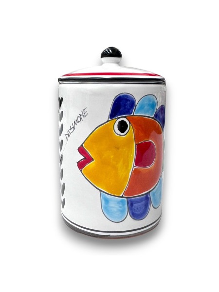 Handmade sicilian ceramic container with lid Folk fish de simone pottery