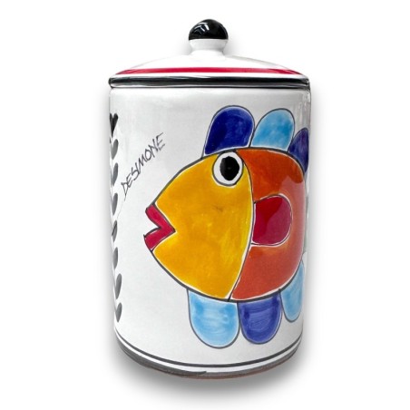 Handmade sicilian ceramic container with lid Folk fish de simone pottery