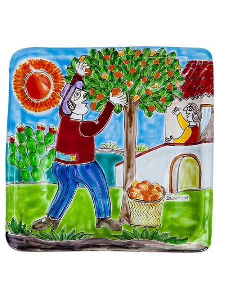 Squared Plate Oranges Harvesting De Simone Pottery 20x20 DS 08