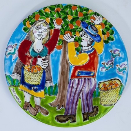Sicilian handmade Circular Plate Oranges Harvesting DS 25 cm PT25DS-04