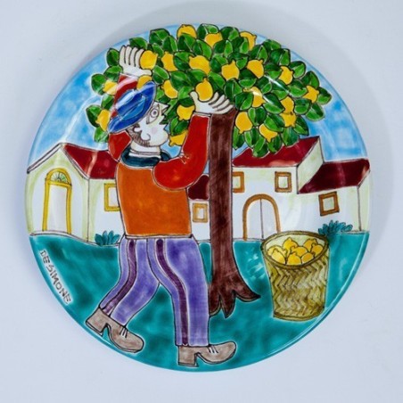 Handmade sicilian Circular Plate DS 18 cm Oranges Harvesting PT18DS-27