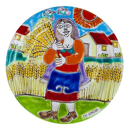 Ceramic handmade sicilian Circular Plate DS grain harvesting de simone pottery 18 cm PT18DS-06