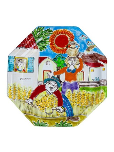 Octagonal Plate Folk DS POT25DS-04 de simone pottery grain harvesting