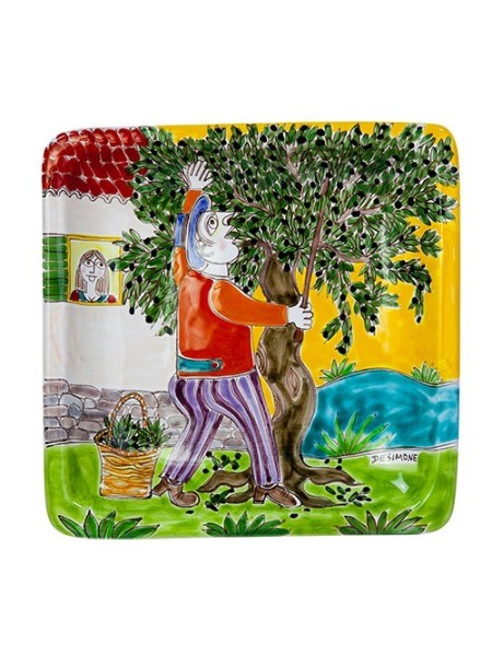 Squared Plate Olives Harvesting De Simone Pottery 20x20 DS 02